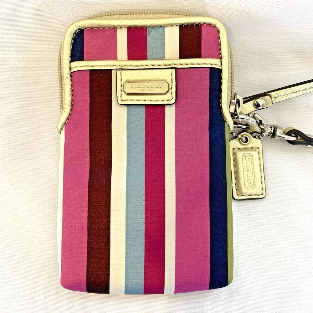 Coach Legacy Stripe Universal Wristlet Pouch Zip Wallet Gold Leather Pink Inside